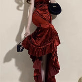 BXOXO Wine red suspender fish tail elegant Goddess Royal dress with hip wrap